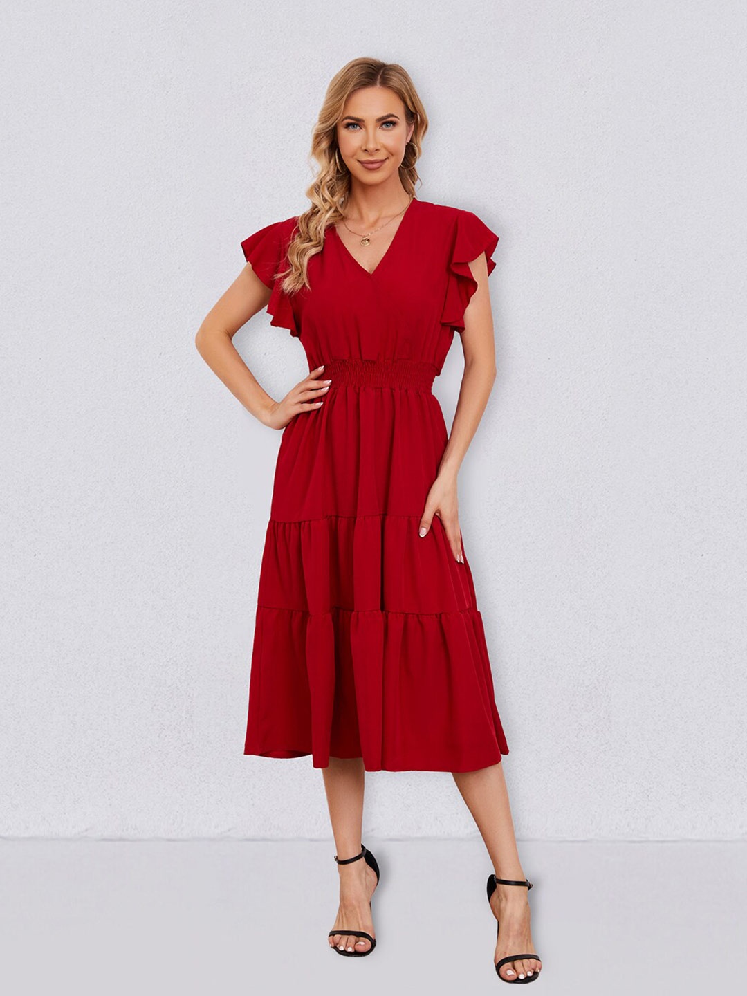 

JC Collection Flutter Sleeves Smocked Casual Fit & Flare Midi Dress, Red