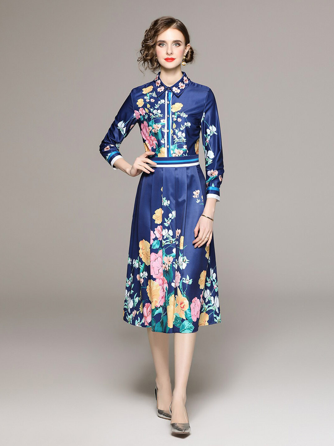 

JC Collection Floral Printed Shirt Collar Cuffed Sleeves Fit & Flare Shirt Midi Dress, Blue