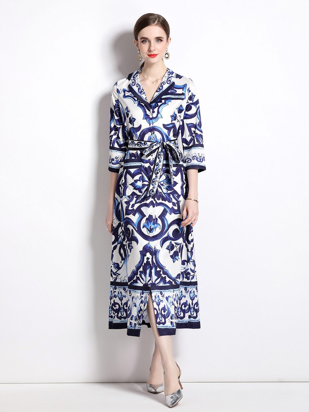 

JC Collection Ethnic Motifs Print Shirt Midi Dress, Blue