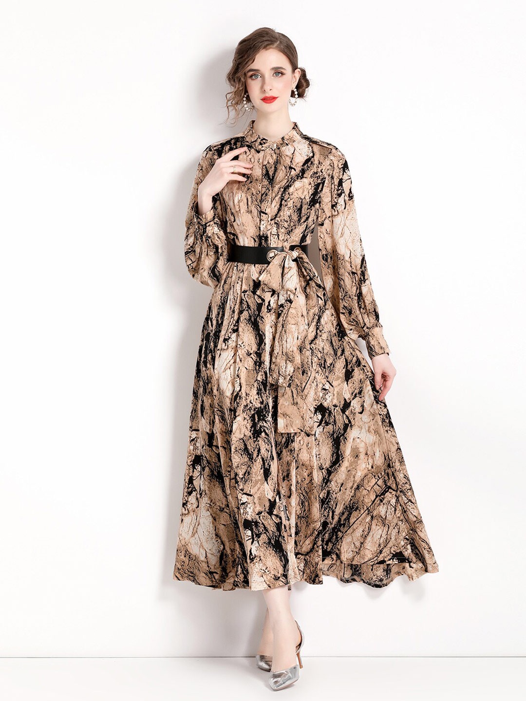 

JC Collection Abstract Printed Bishop Sleeve Maxi Dress, Brown