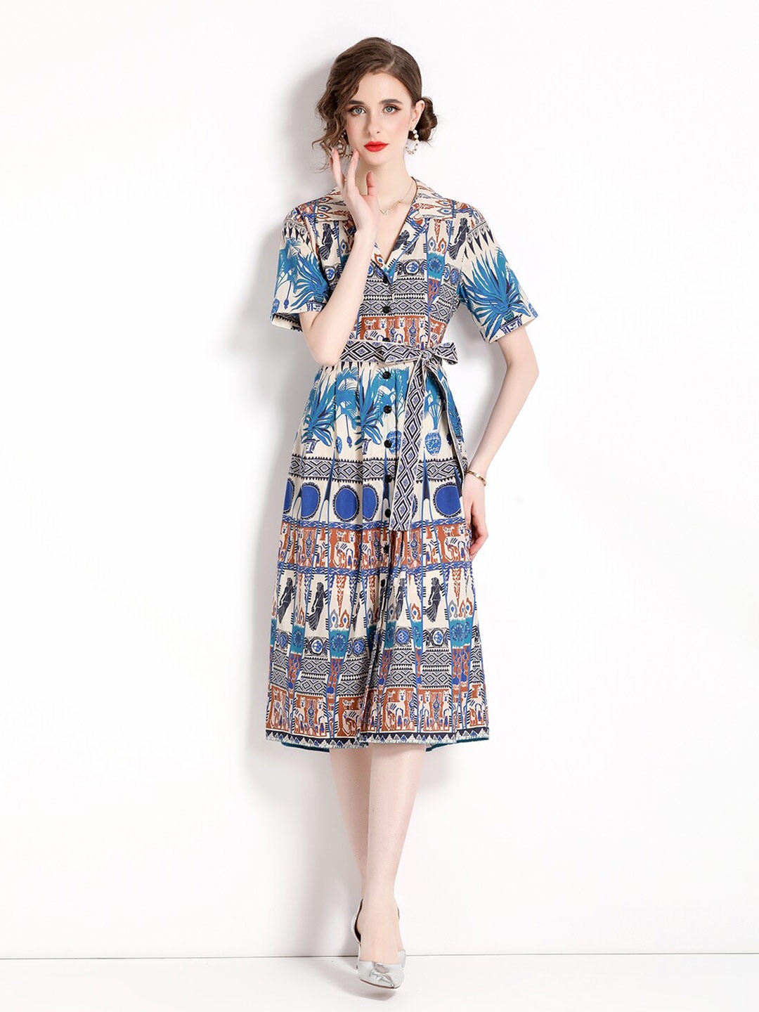 

JC Collection Ethnic Tribal Printed Fit & Flare Midi Dress, Blue