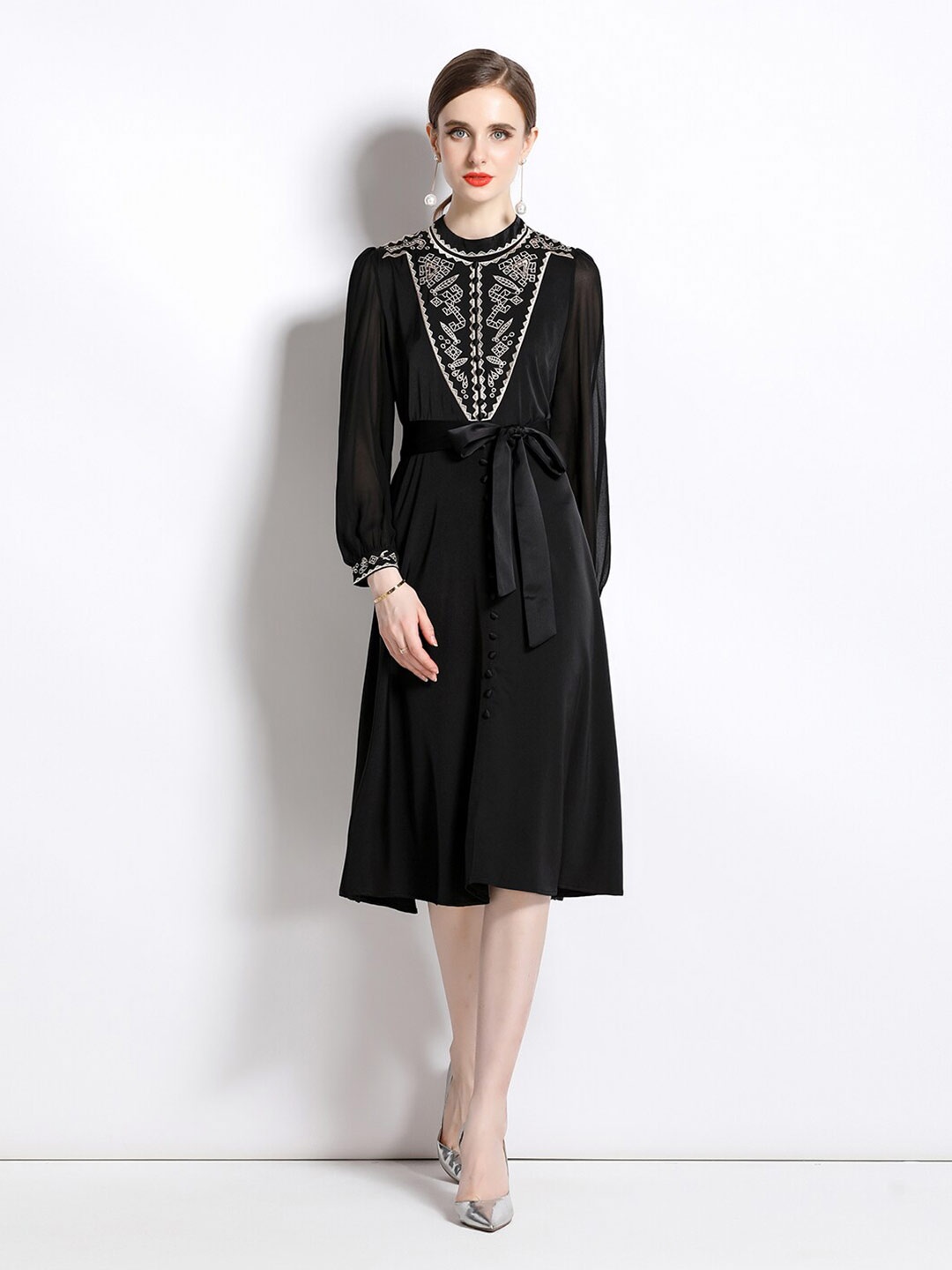 

JC Collection Embroidered Mandarin Collar Fit & Flare Dress, Black