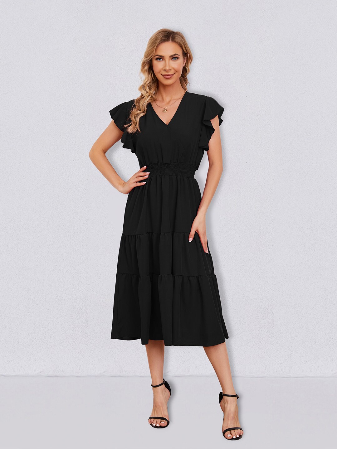 

JC Collection V-Neck Flutter Sleeve Fit & Flare Midi Dress, Black