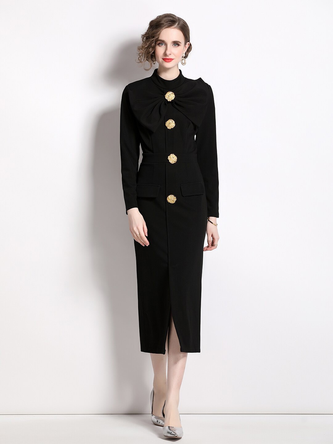 

JC Collection Choker Neck Long Sleeves Bow Detailed Midi Blazer Dress, Black