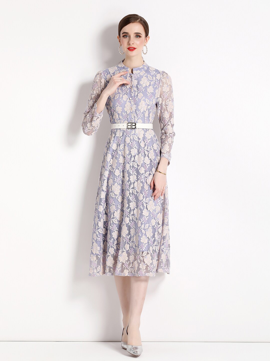 

JC Collection Self Designed Mandarin Collar Fit & Flare Shirt Midi Dress, Blue
