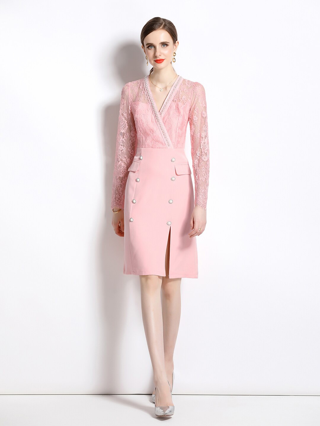 

JC Collection V-Neck Self Design Sheath Dress, Pink