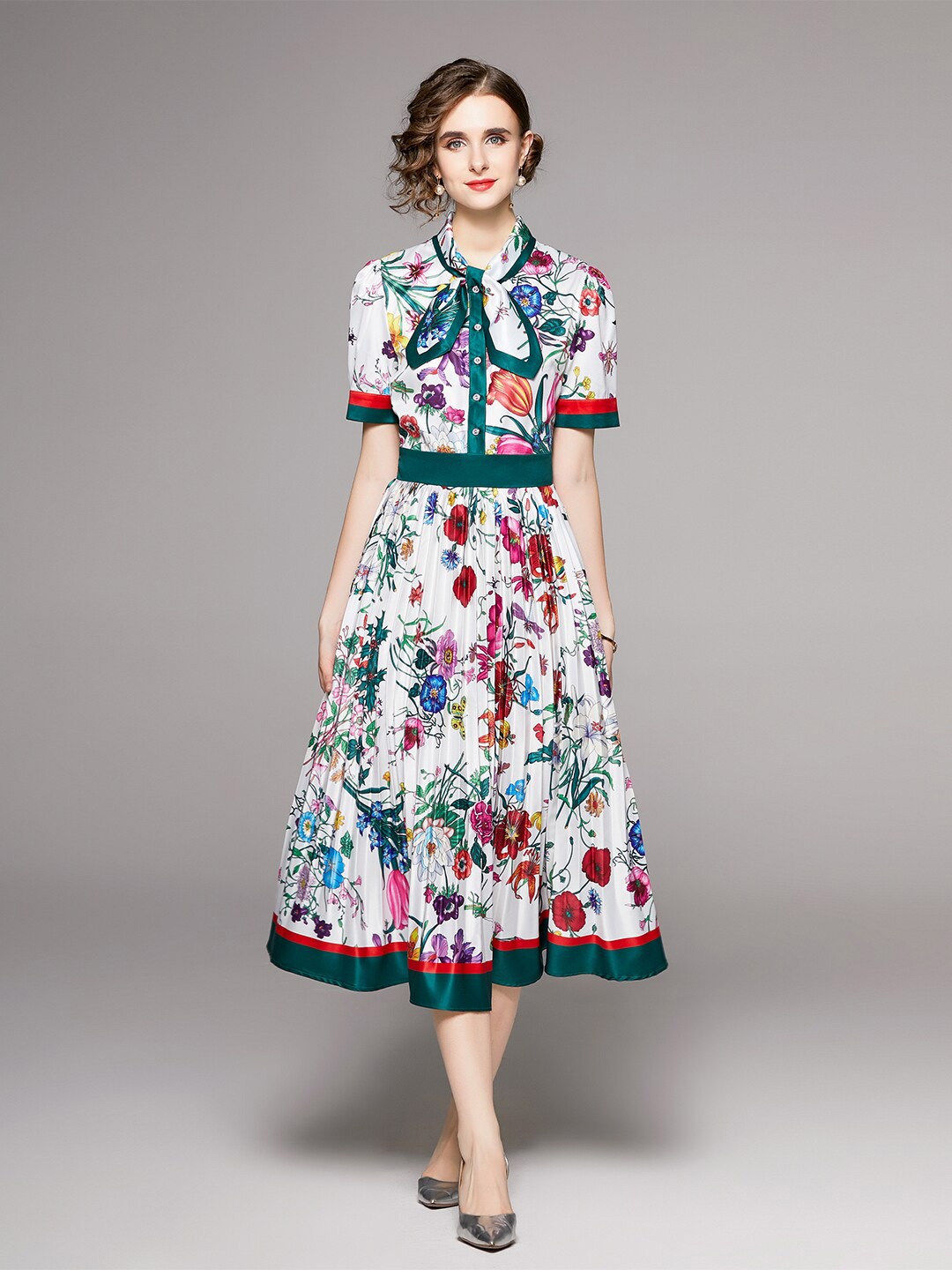 

JC Collection Floral Printed Accordion Pleated Fit & Flare Midi Dress, White