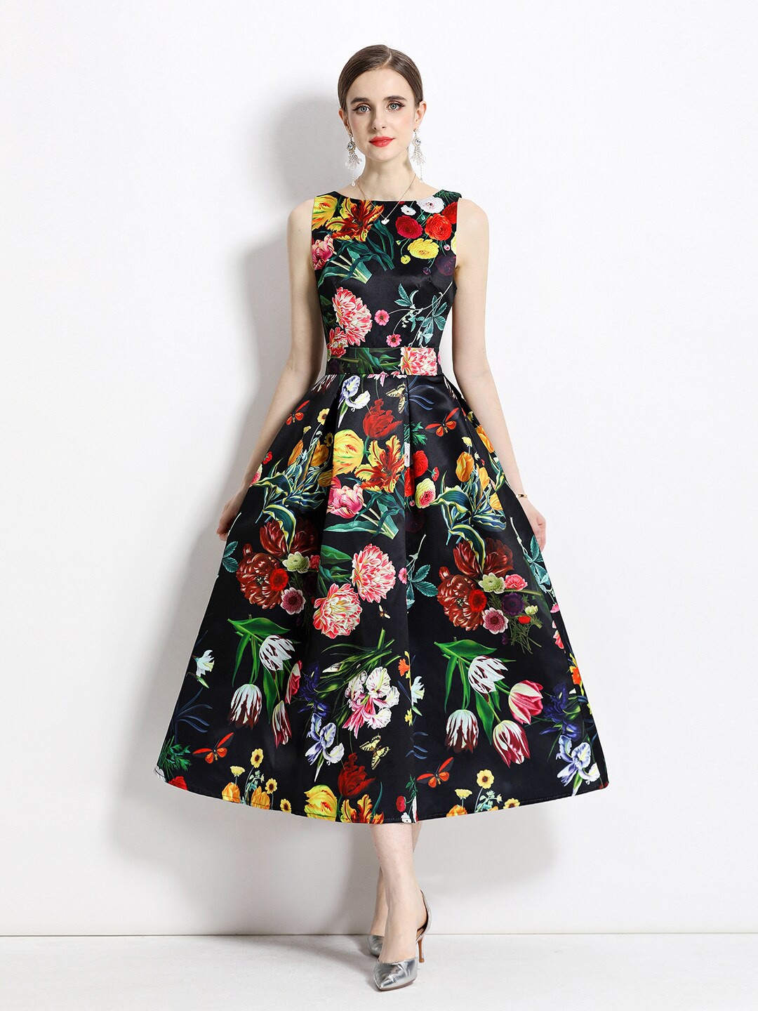 

JC Collection Floral Printed Boat Neck Fit & Flare Midi Dress, Black