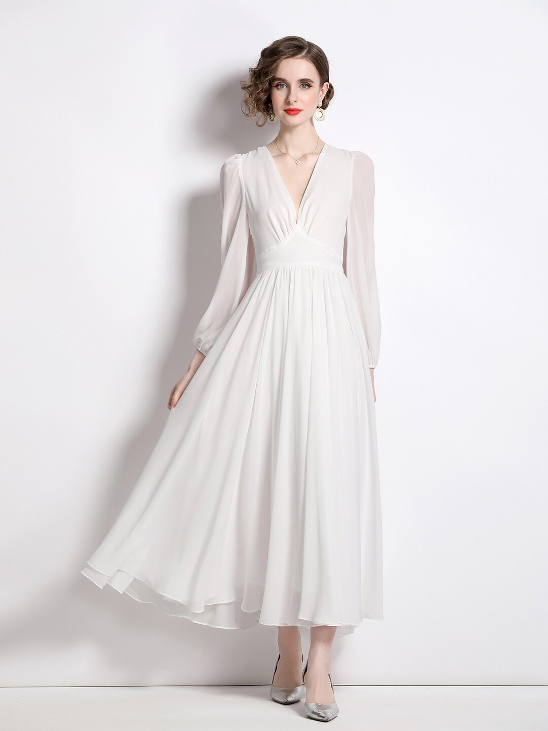 

JC Collection V-Neck Maxi Fit and Flare Dress, White