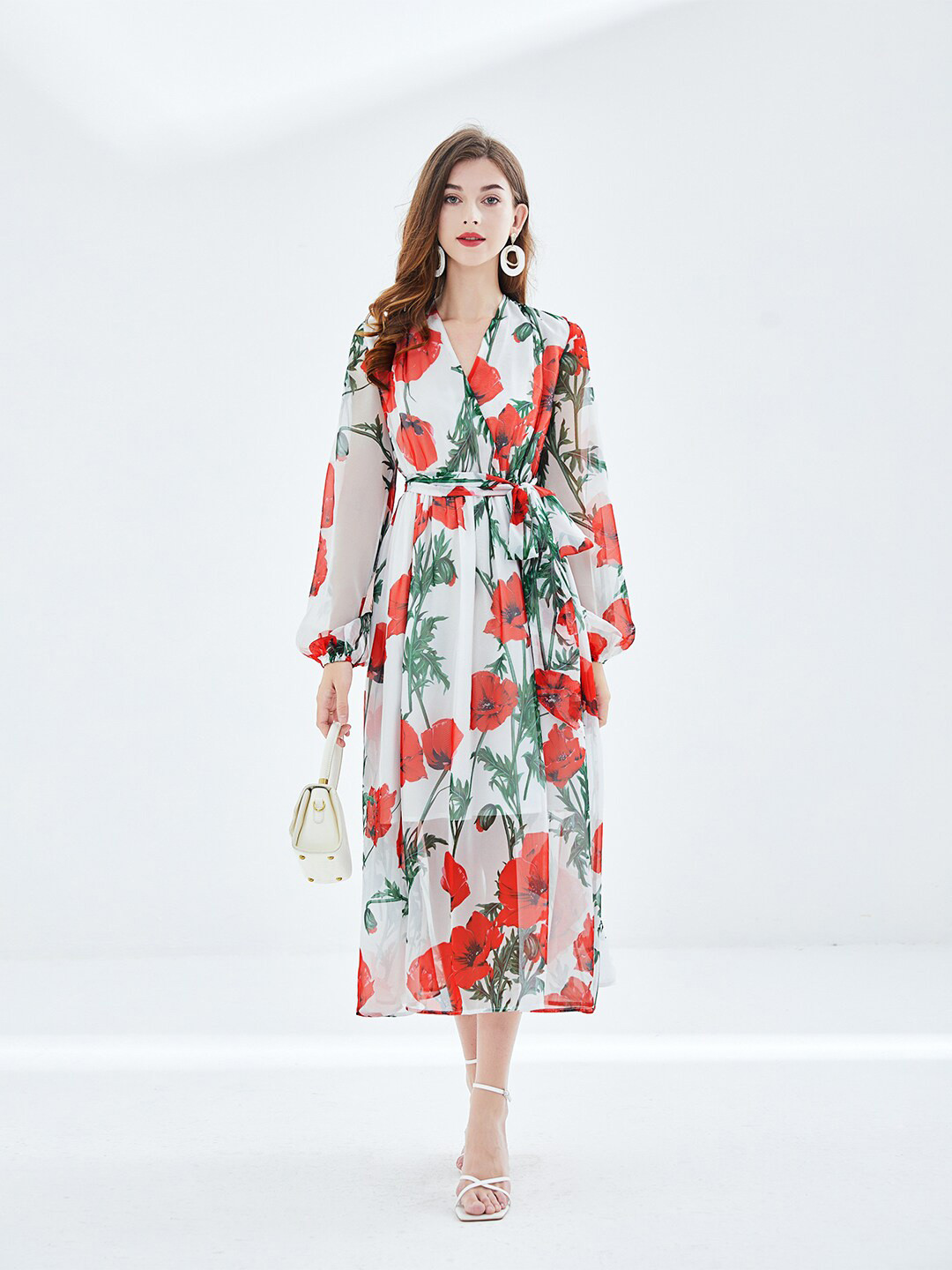 

JC Collection Floral Print Puff Sleeve Fit & Flare Maxi Dress, Red