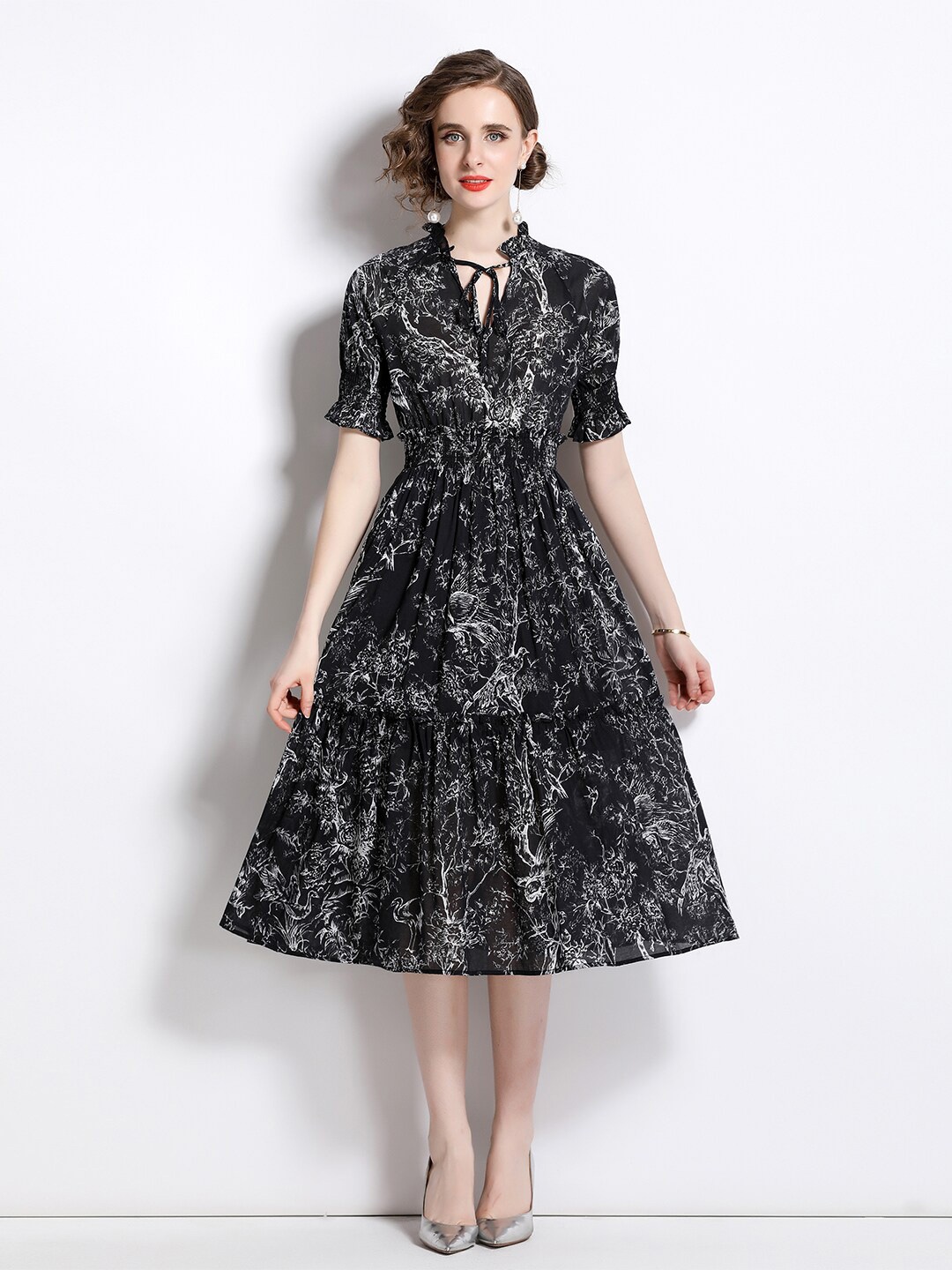 

JC Collection Floral Printed Fit & Flare Tiered Midi Dress, Black