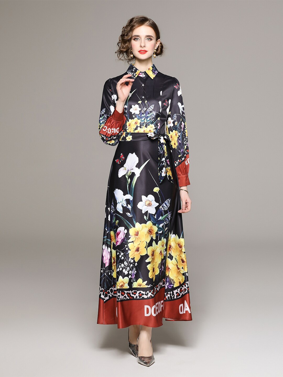

JC Collection Floral Printed Cuffed Sleeve Maxi Dress, Black