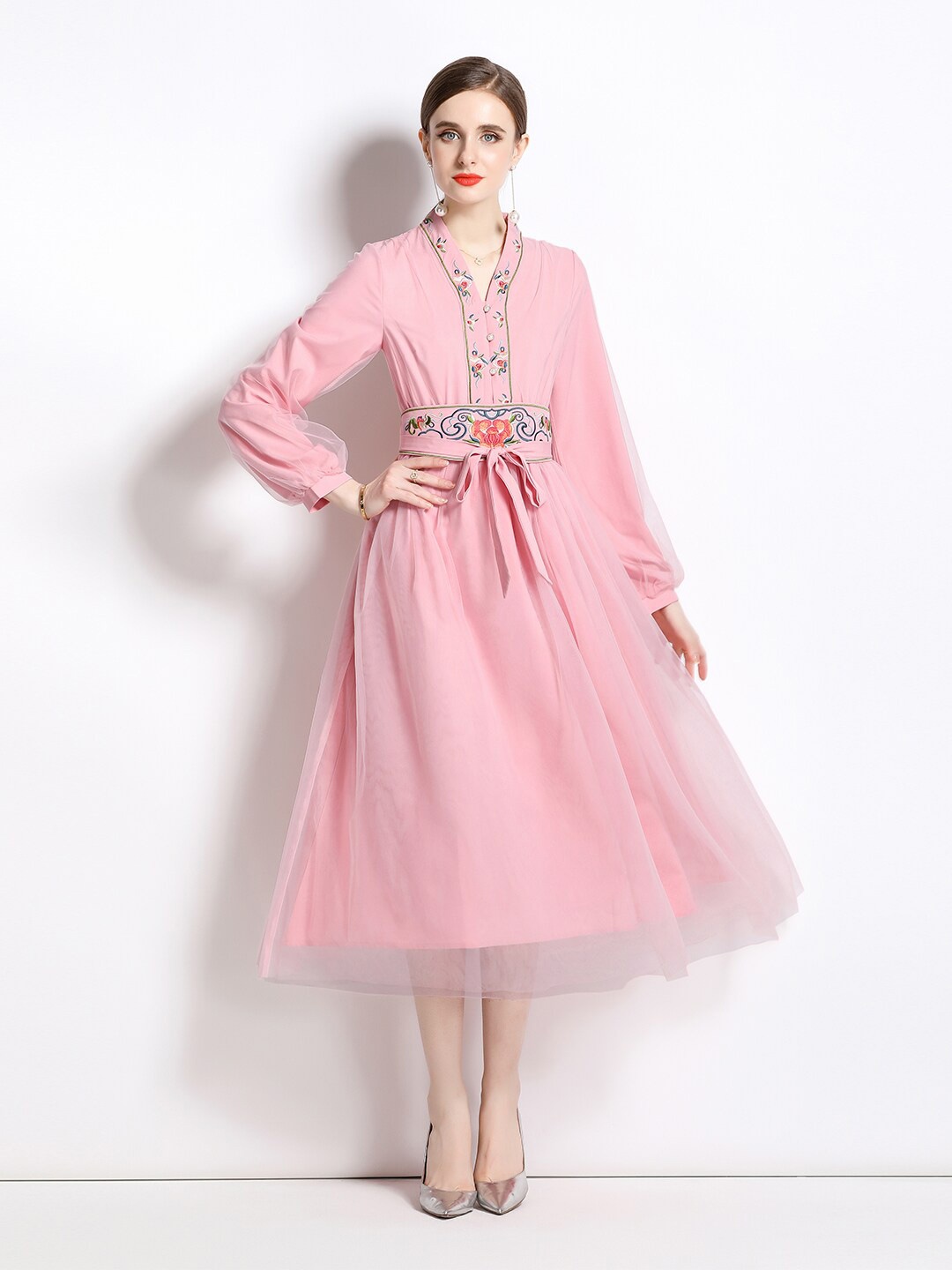

JC Collection V-Neck Embroidered Fit &Flare Dress, Pink