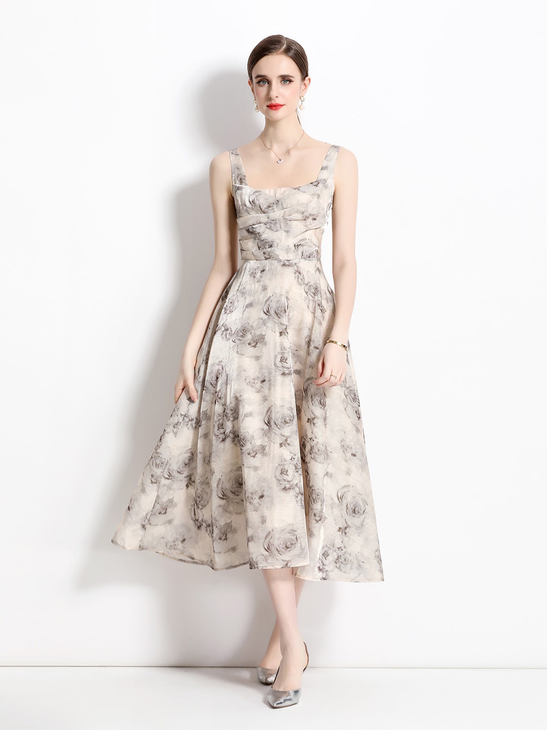 

JC Collection Floral Printed Fit & Flare Midi Dress, Beige