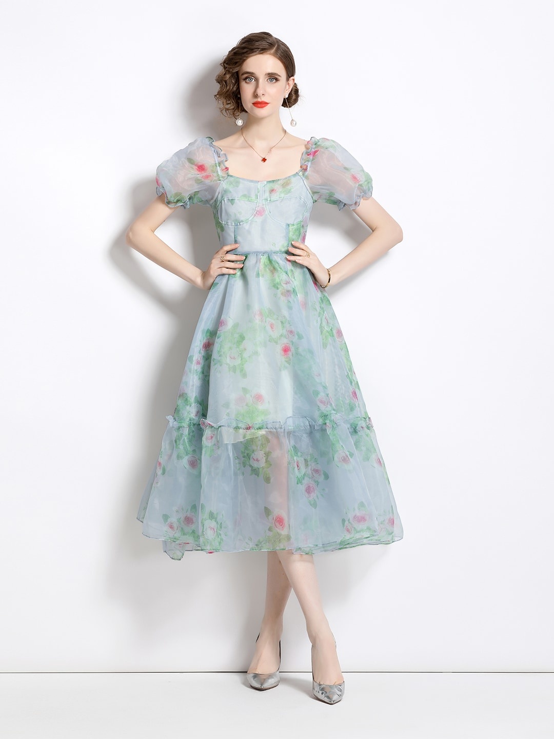 

JC Collection Multicoloured Floral Print Puff Sleeve Fit & Flare Midi Dress, Multi