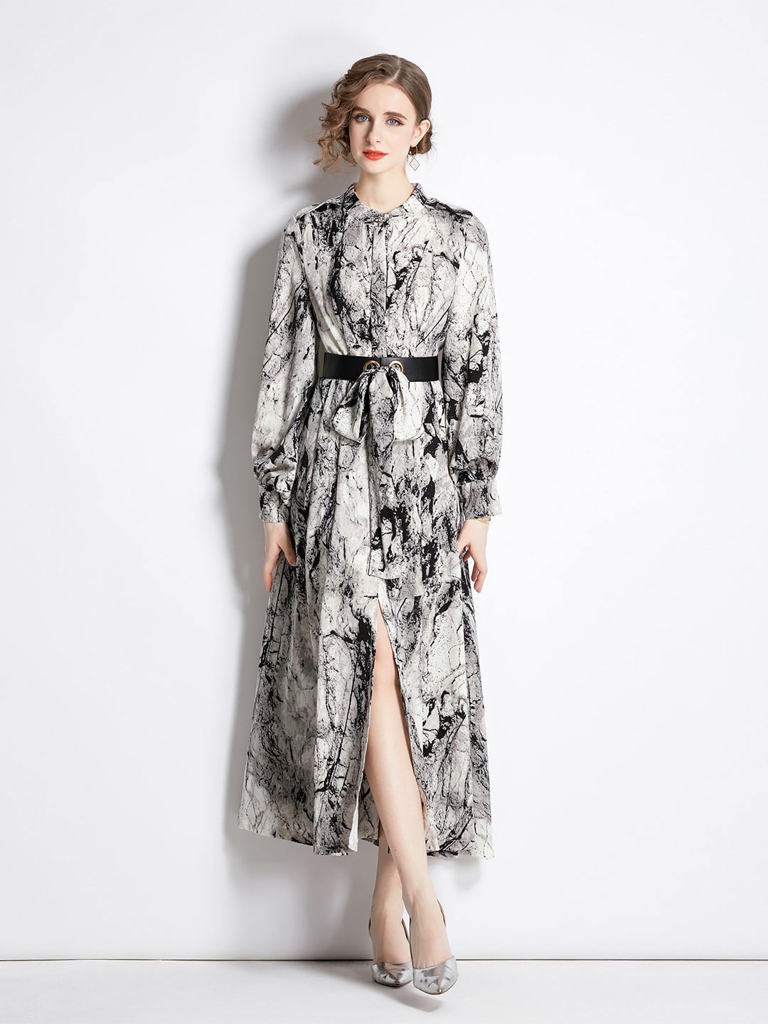 

JC Collection Abstract Printed Bishop Sleeve A-Line Midi Dress, Black