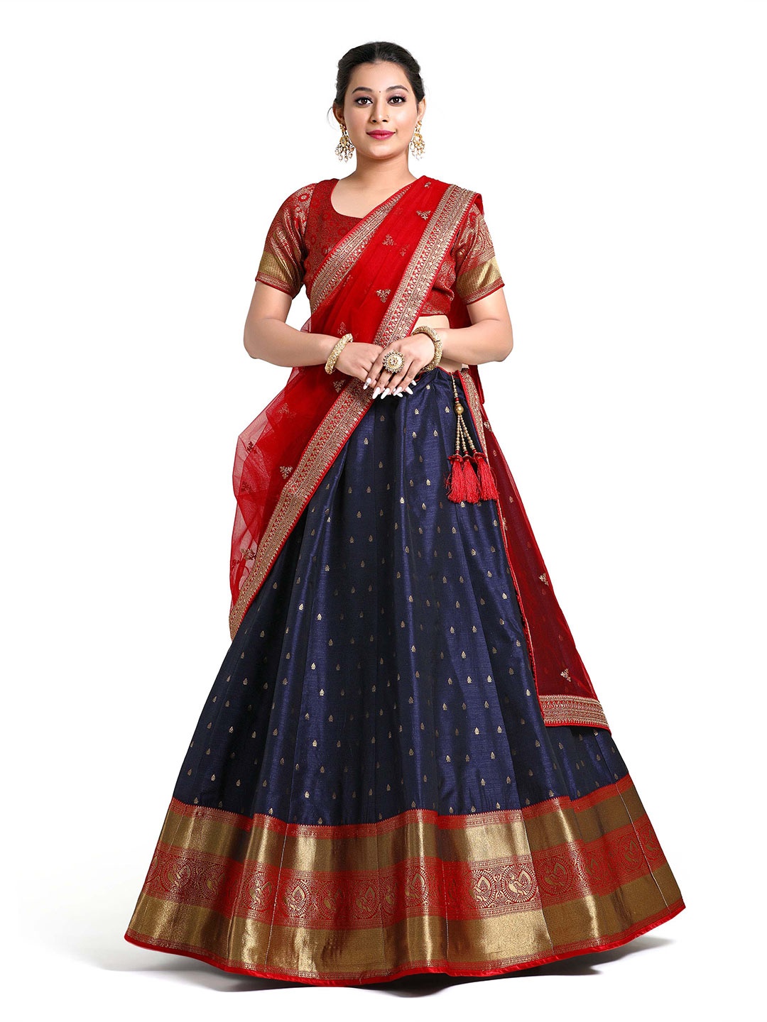 

HALFSAREE STUDIO Woven Design Semi-Stitched Lehenga & Blouse With Dupatta, Navy blue
