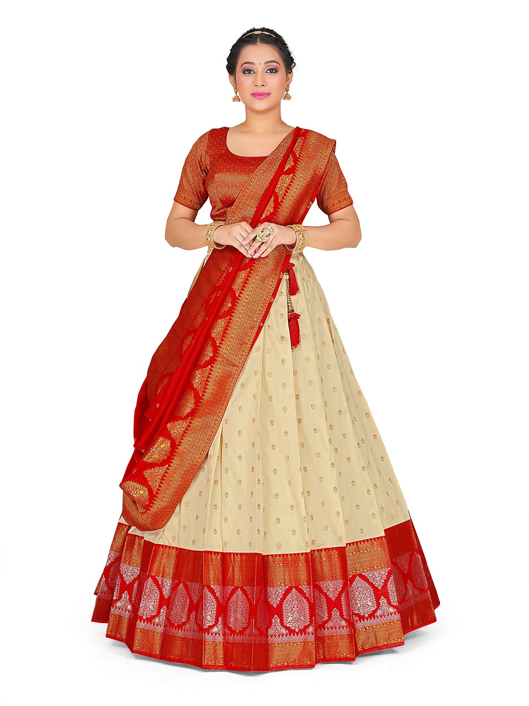 

HALFSAREE STUDIO Semi Stitched Lehenga & Blouse With Dupatta, Cream