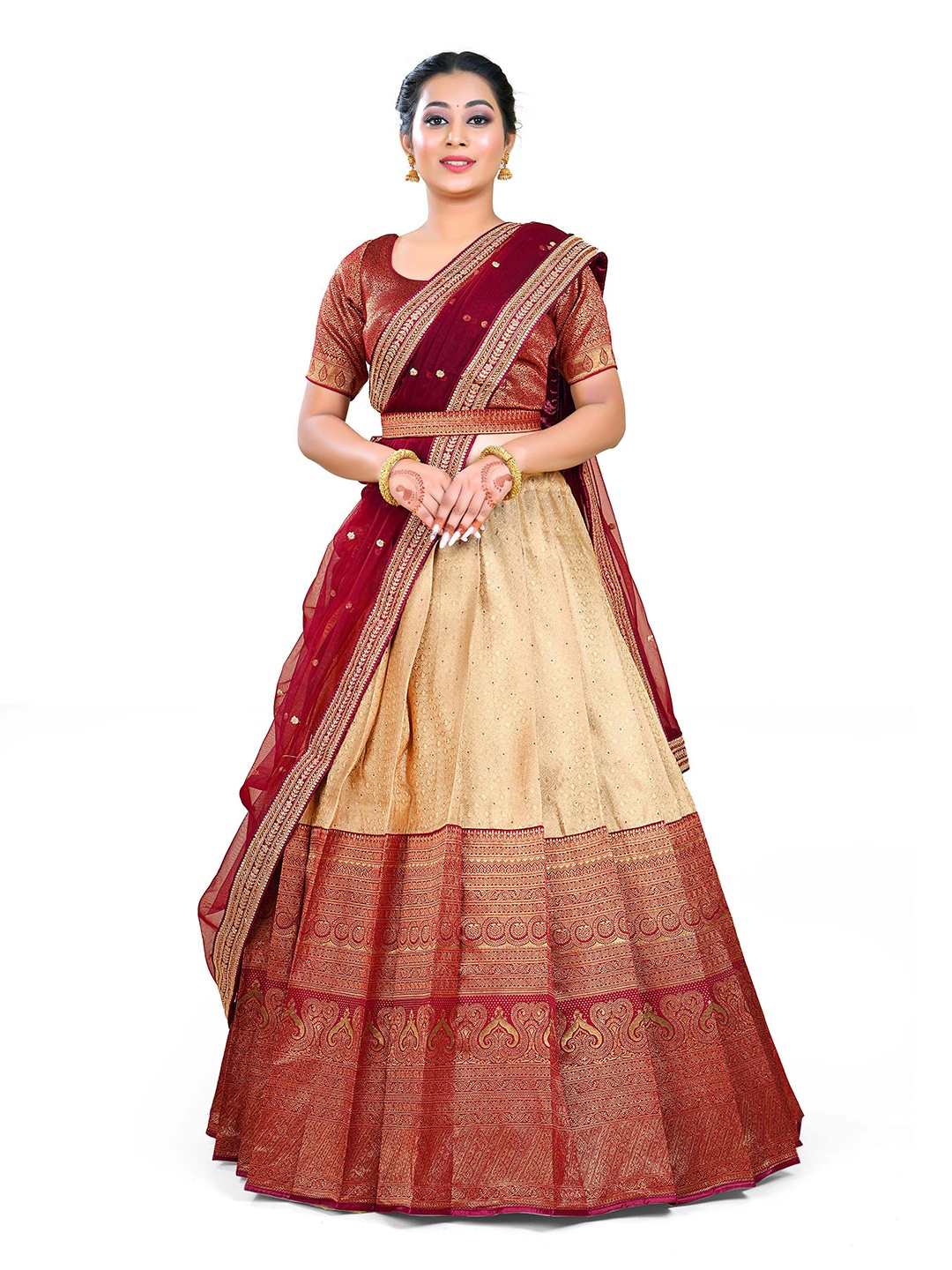 

HALFSAREE STUDIO Semi-Stitched Lehenga & Blouse With Dupatta, Beige