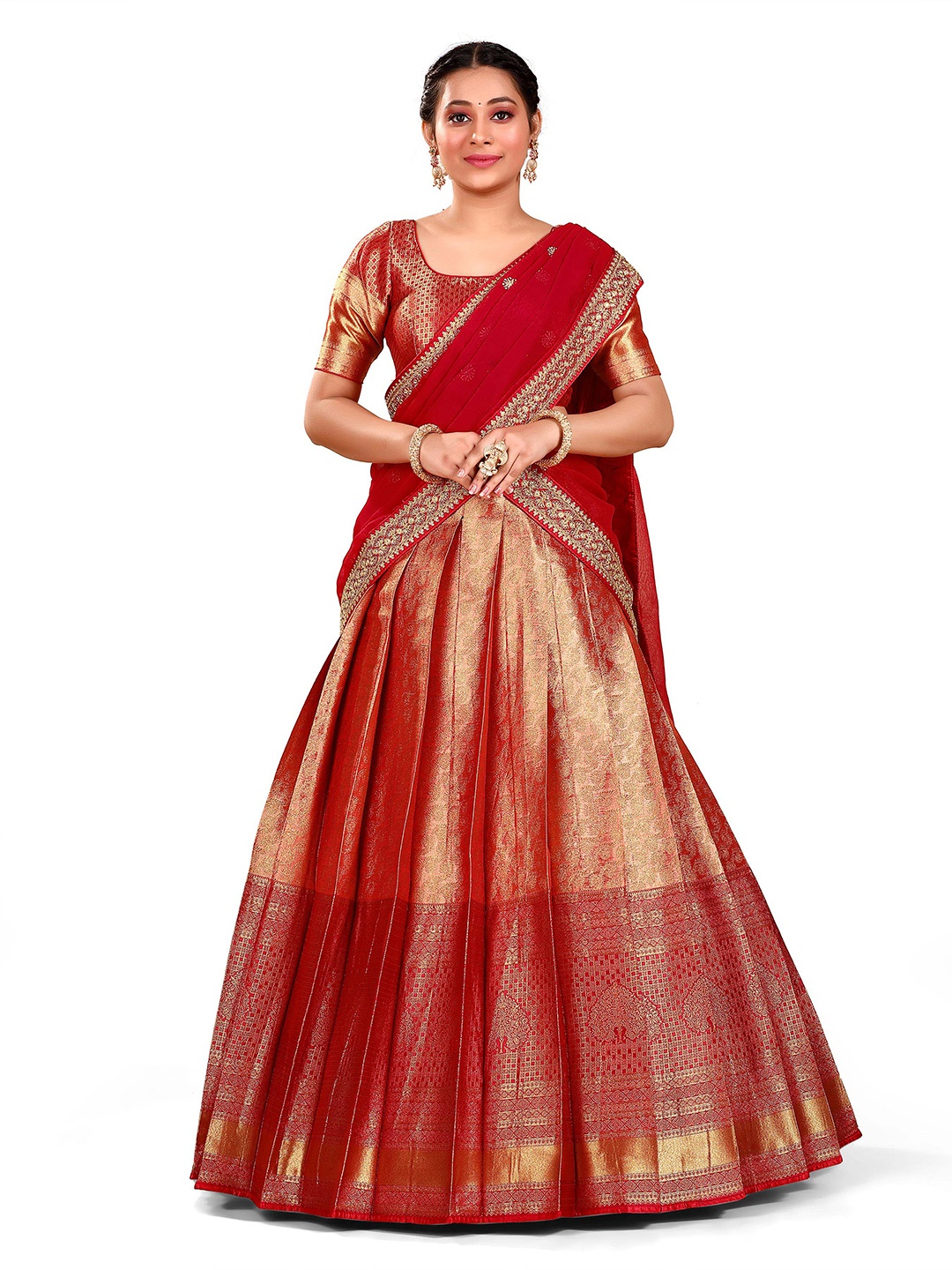 

HALFSAREE STUDIO Semi-Stitched Lehenga & Blouse With Dupatta, Peach