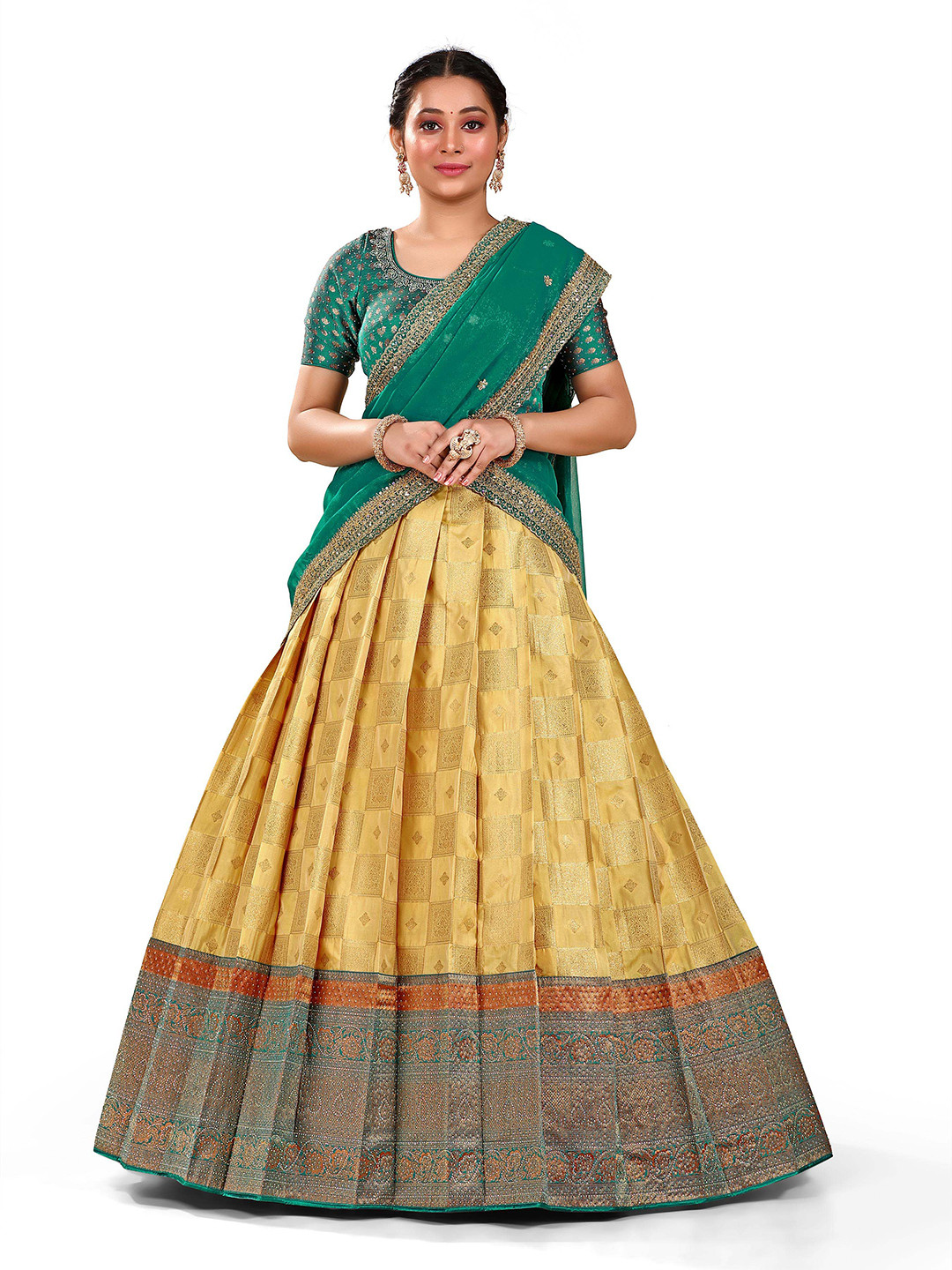 

HALFSAREE STUDIO Woven Design Semi-Stitched Lehenga & Blouse With Dupatta, Yellow