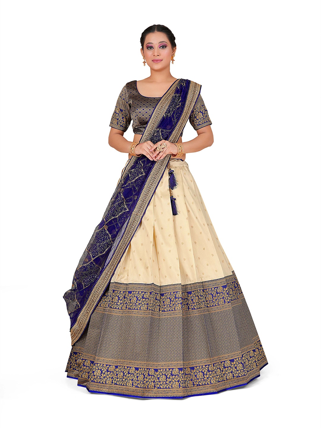 

HALFSAREE STUDIO Cream-Coloured & Blue Semi-Stitched Lehenga & Blouse With Dupatta