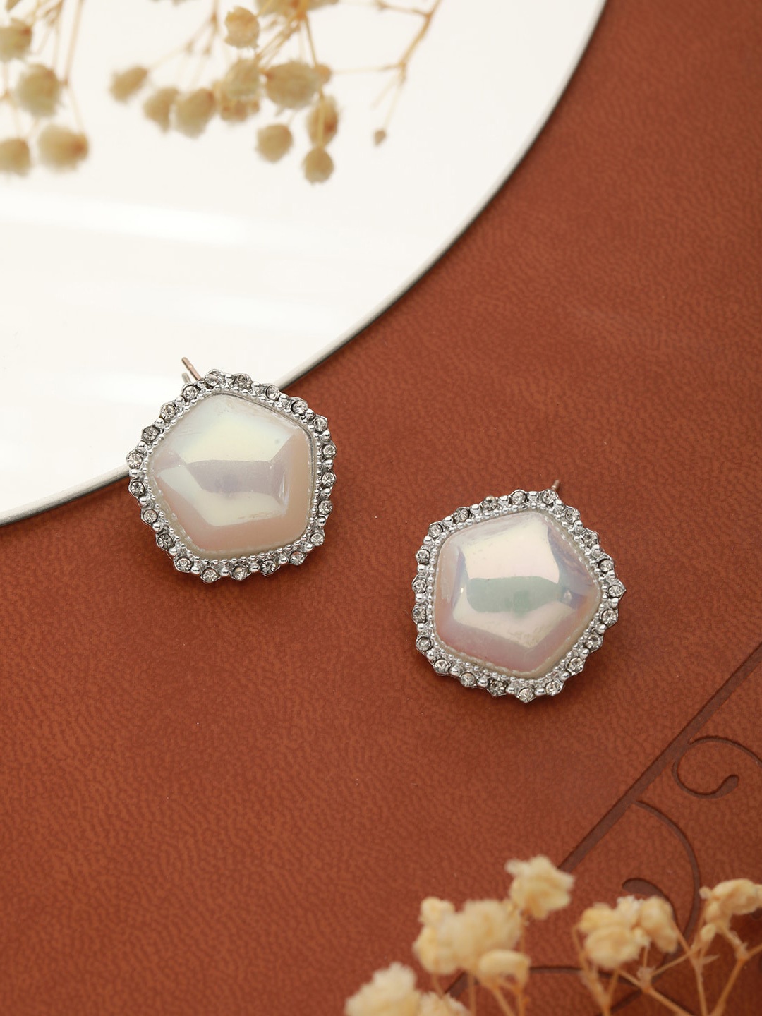 

PRITA BY PRIYAASI Silver-Plated Geometric Pearl American Diamond Stud Earrings