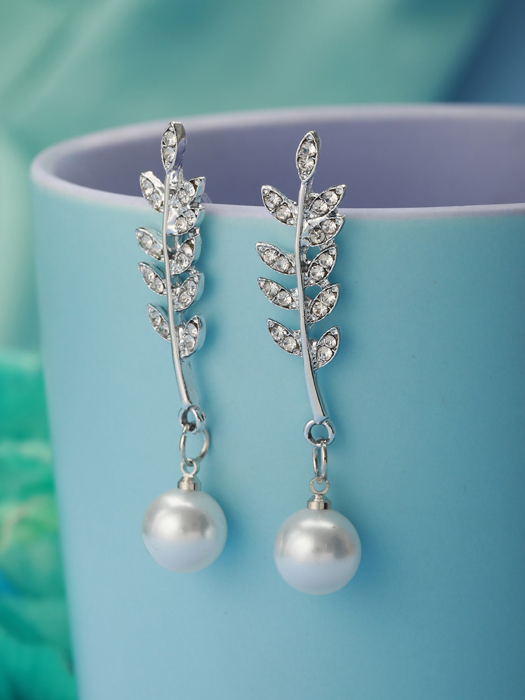 

PRITA BY PRIYAASI Leaf American Diamond Pearl Drop Silver-Plated Earrings