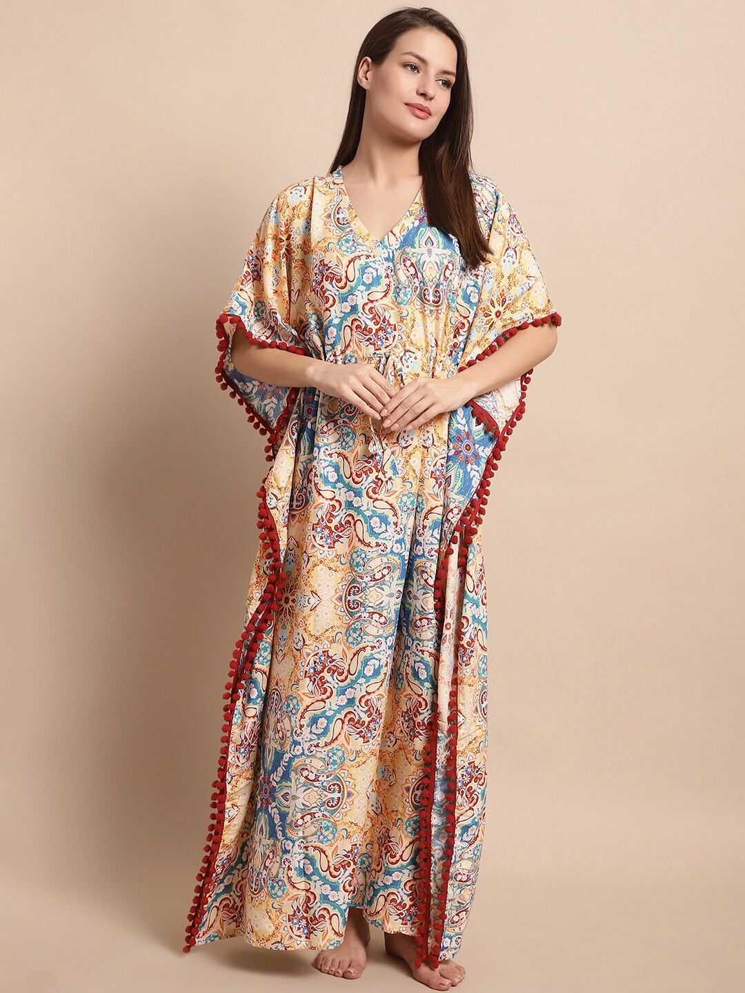 

Claura Yellow Ethnic Motifs Printed Casual Kaftan Nightdress