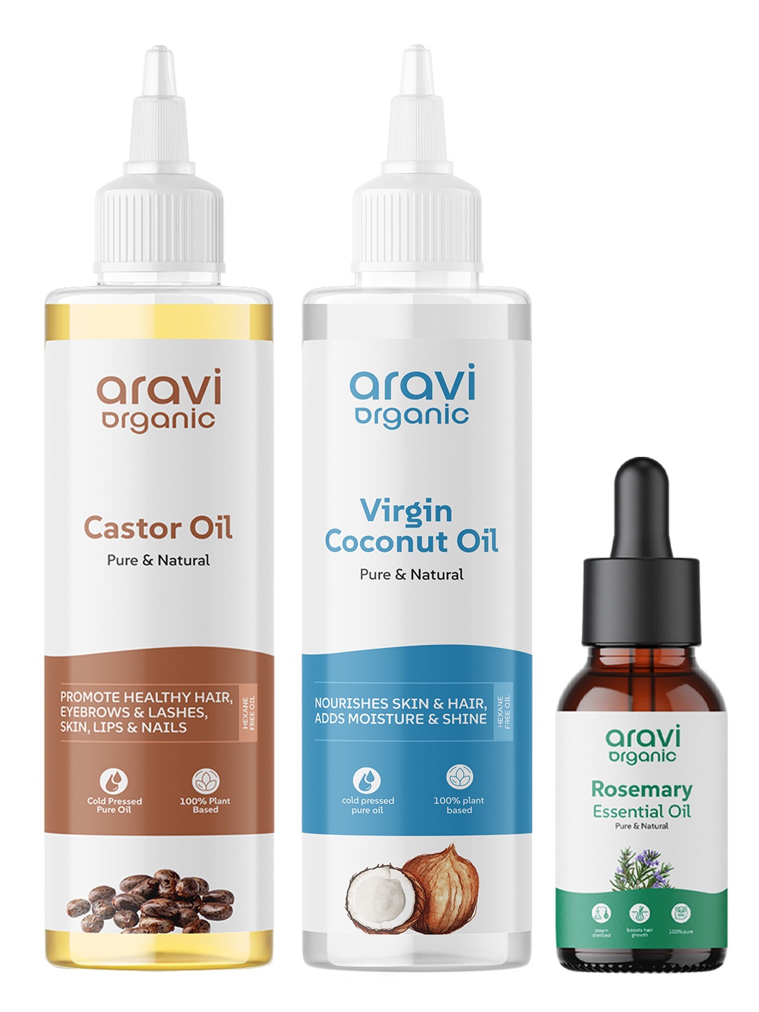 

Aravi Organic Set of Pure Rosemary Essential Oil, Coconut & Castor Oil for Hair & Skin, White