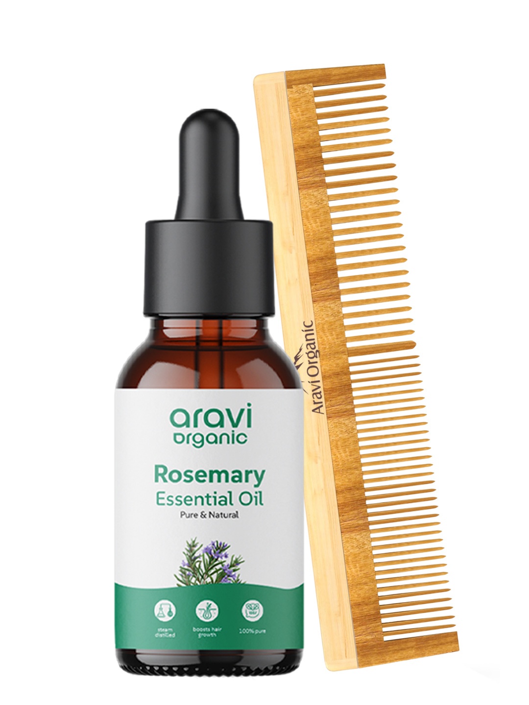 

Aravi Organic Set of 100% Pure Rosemary Essential Oil & Neem Comb for Hair Growth, White