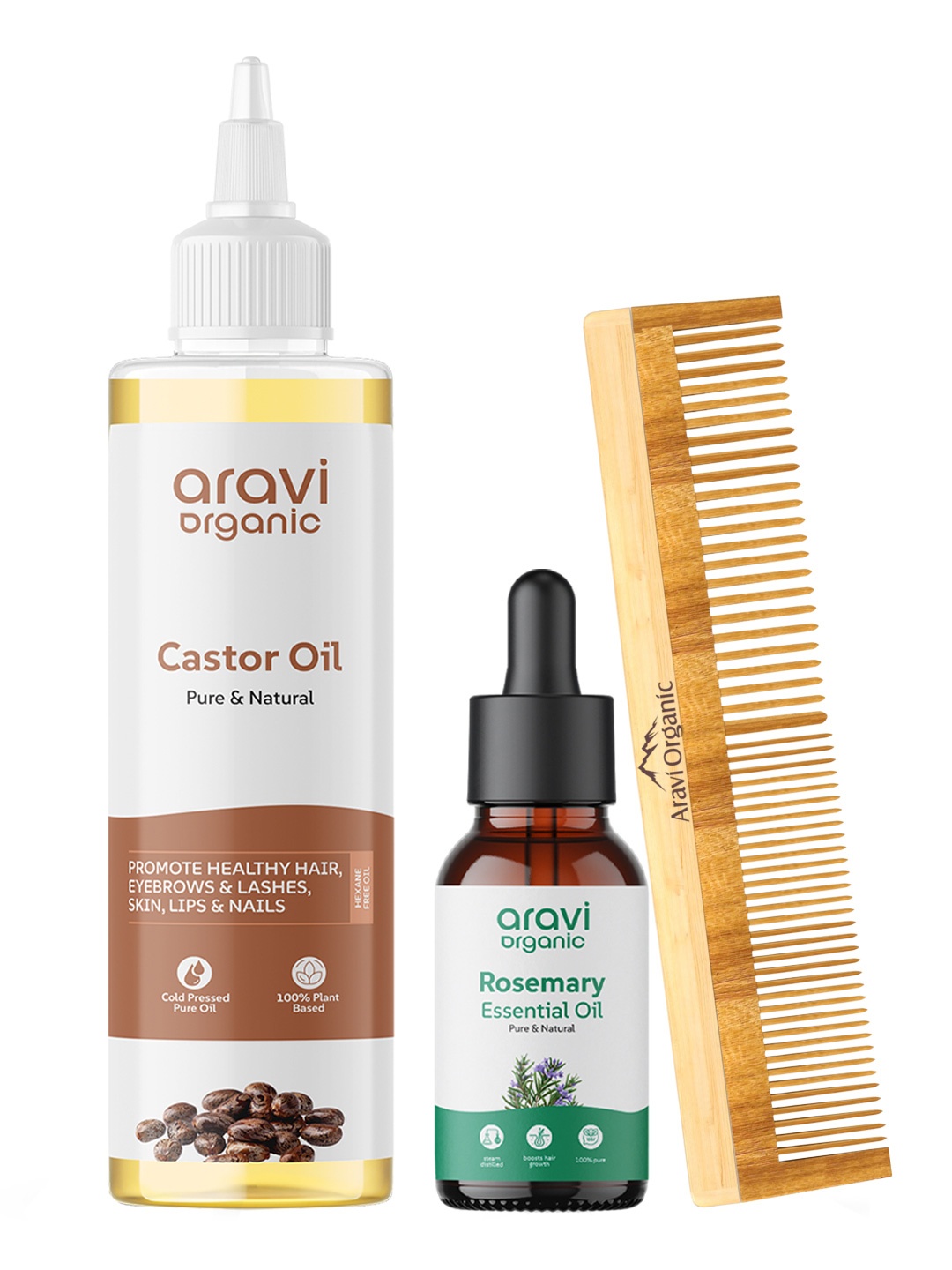 

Aravi Organic Set of 100% Pure Rosemary Essential Oil, Castor Hair Oil & Neem Comb, Transparent