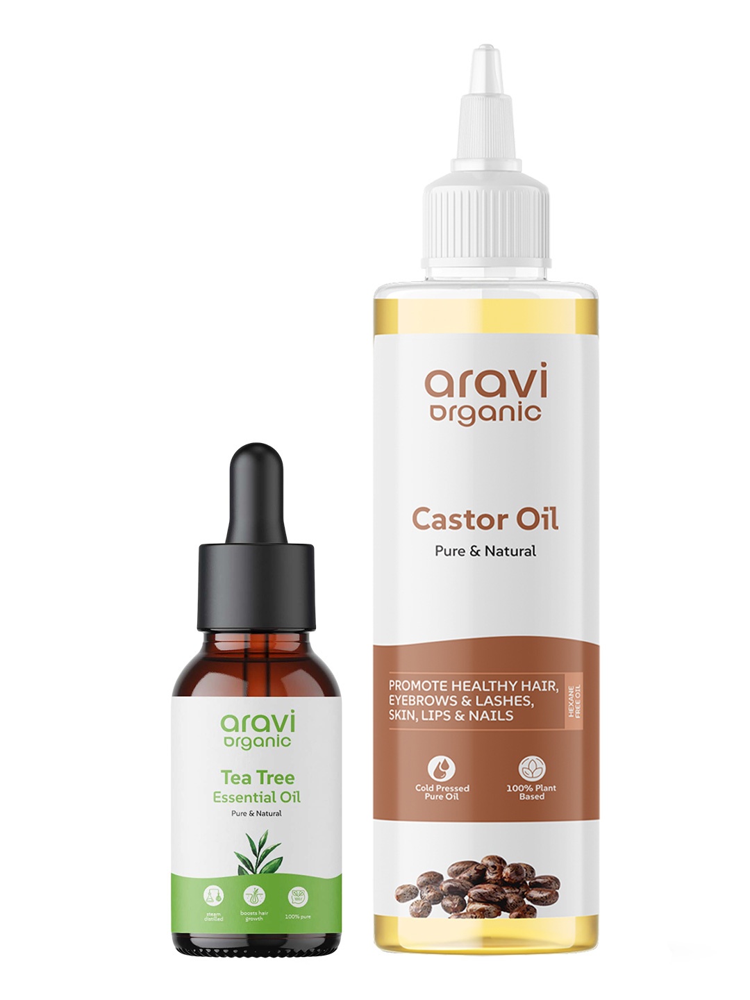 

Aravi Organic Set of Pure Tea Tree Essential Oil & Castor Oil for Healthy Hair & Skin Care, Transparent