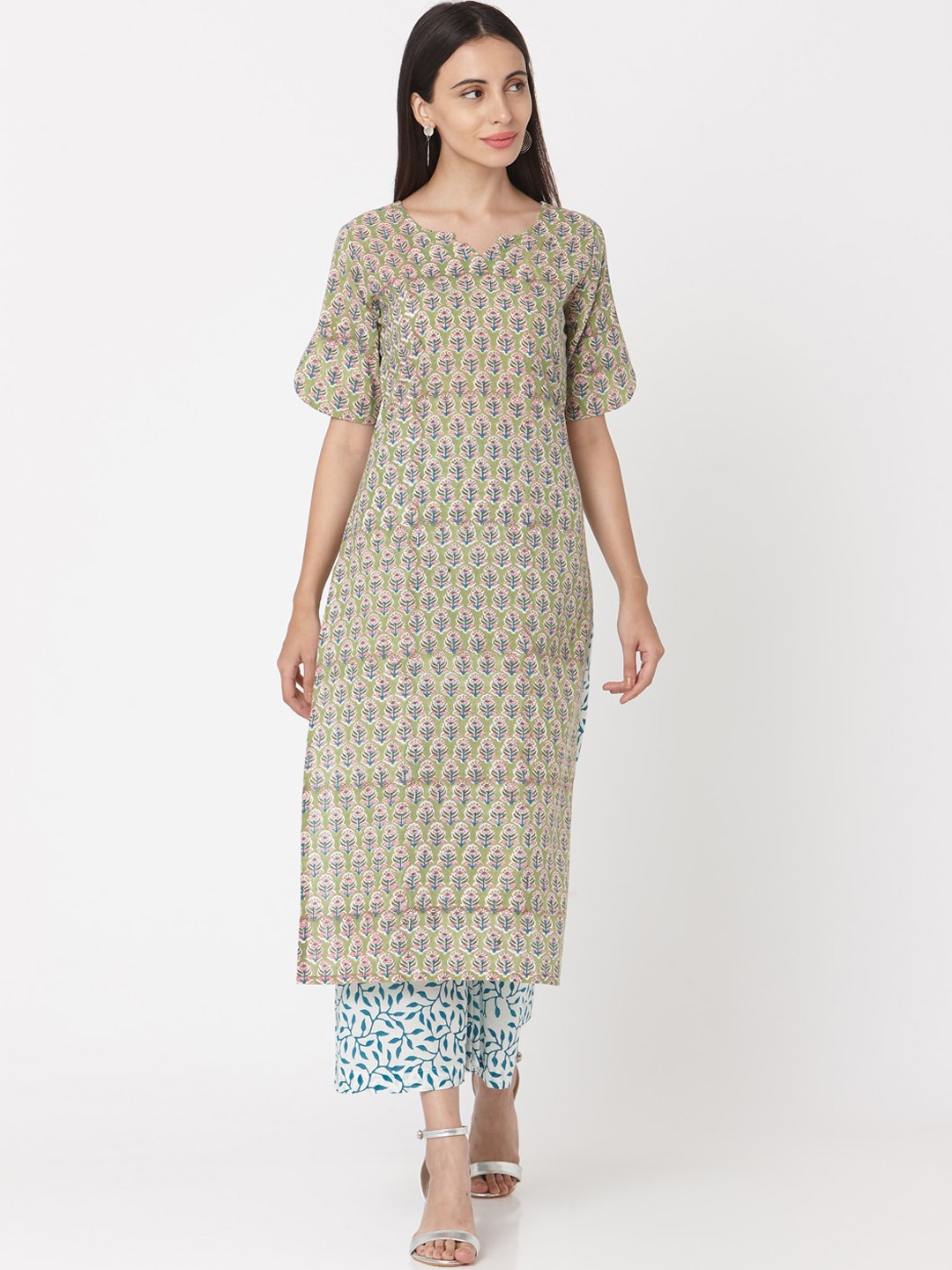 

KALINI Floral Printed Pure Cotton Kurta with Palazzos & Dupatta, Green