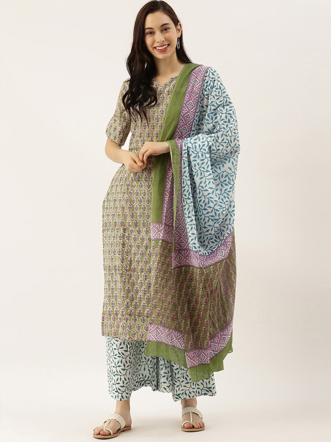 

KALINI Floral Printed Regular Pure Cotton Kurta with Palazzos & Dupatta, Green