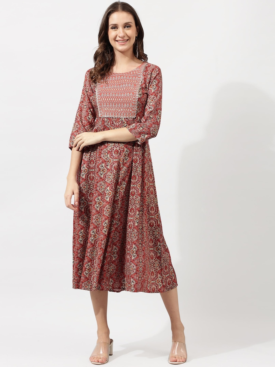 

KALINI Maroon Ethnic Motifs Printed Sequinned Midi Ethnic Dress