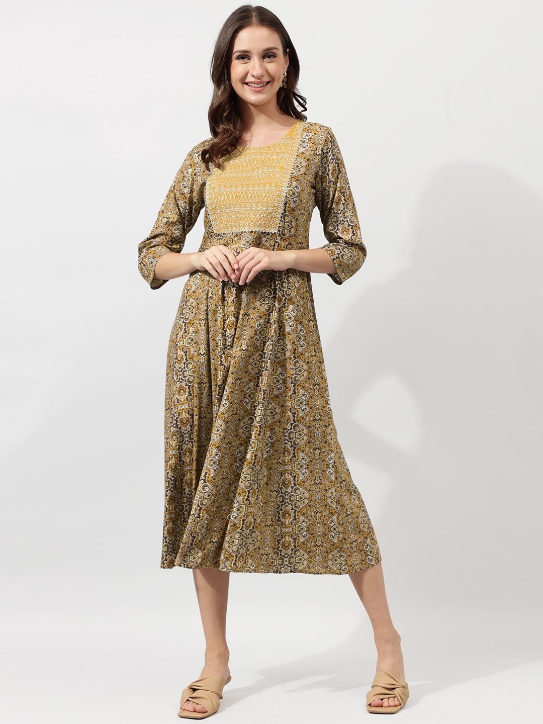 

KALINI Mustard Yellow Ethnic Motifs Printed Sequinned Midi Ethnic Dress
