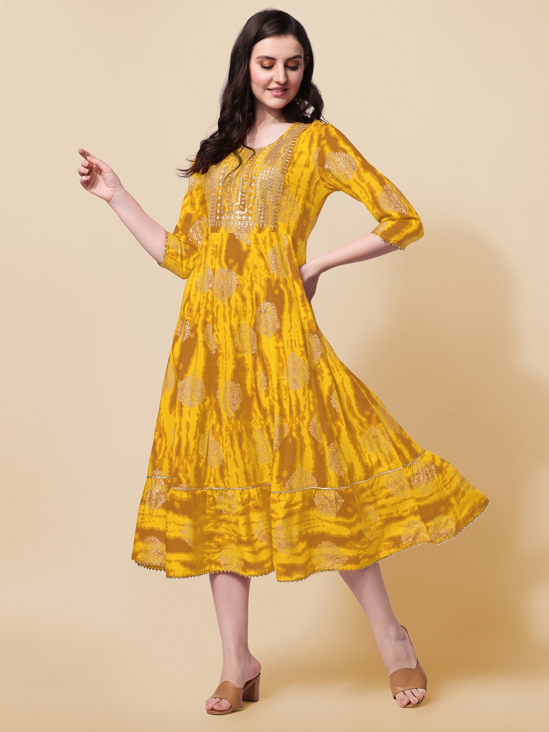 

KALINI Yellow Abstract Printed Sequinned Pure Cotton Midi Ethnic Dress