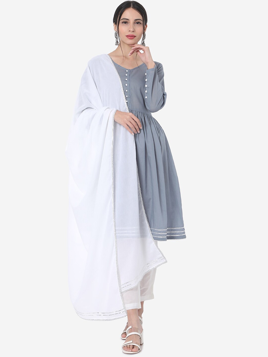 

Saanjh Grey And White Pure Cotton Pleated Gota Patti A-Line Kurta With Trousers & Dupatta