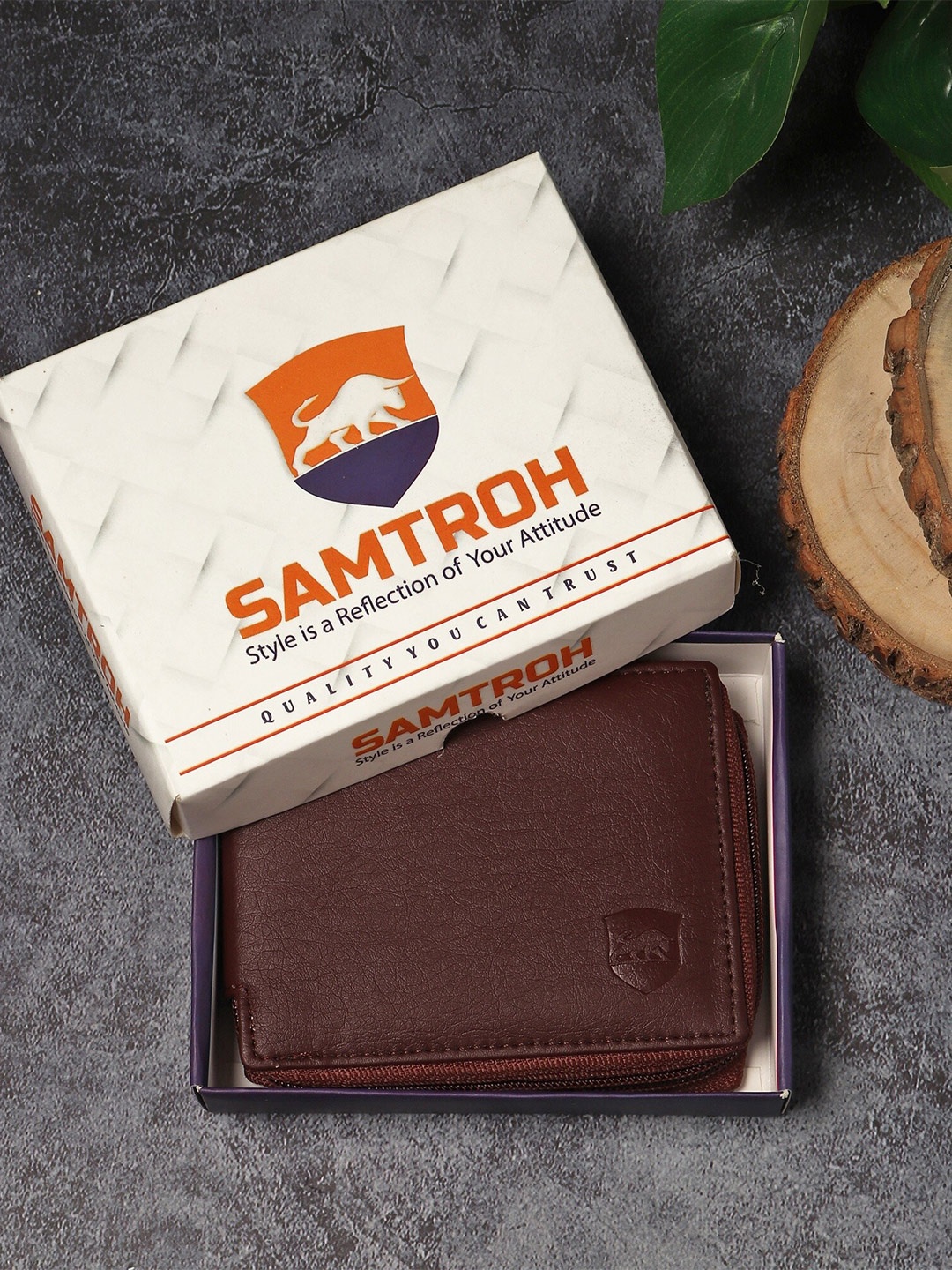 

SAMTROH Solid PU Zip Around Wallet, Brown