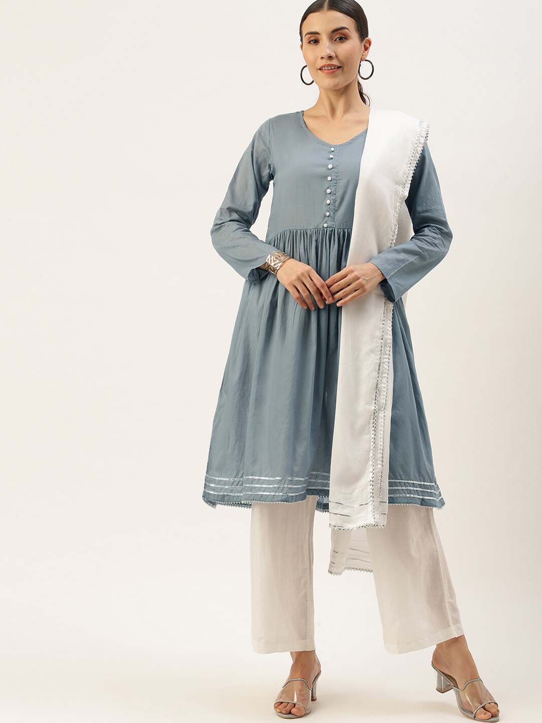 

Saanjh Grey & White Gotta Patti Empire Pure Cotton Kurta With Trousers & Dupatta