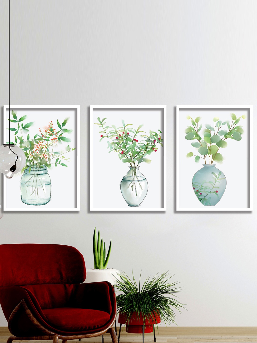 

SAF White & Green 3 Pieces Flower Pot Painting Framed Wall Arts