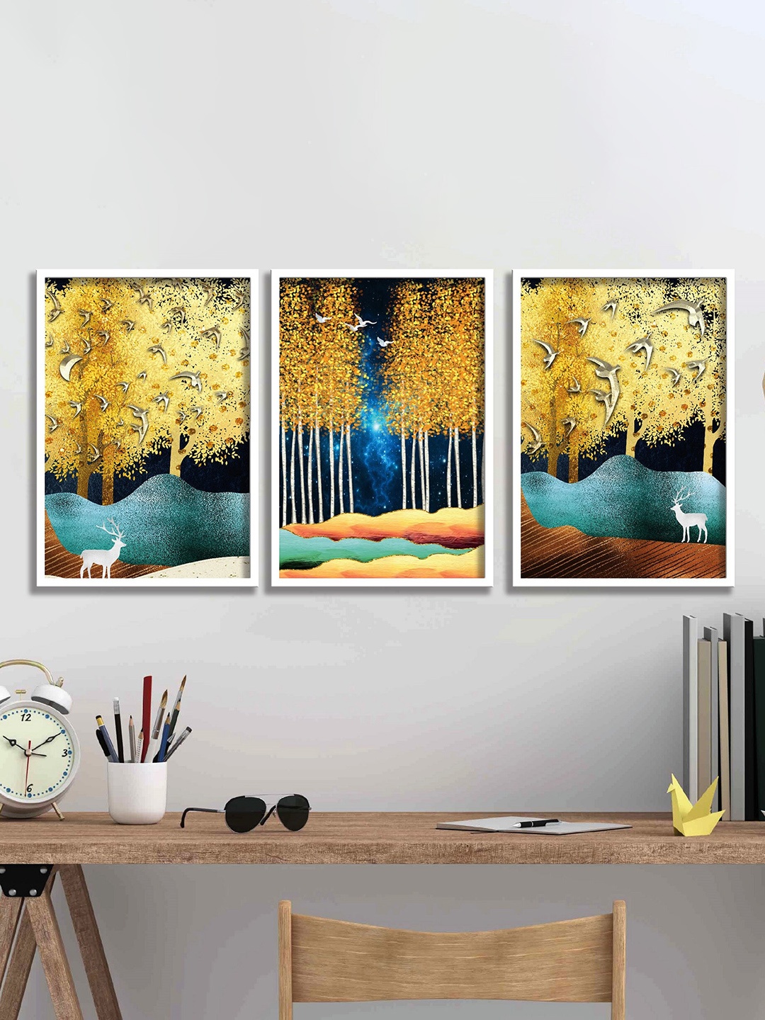 

SAF Beige & Blue 3 Pieces Abstract Painting Framed Wall Arts, White