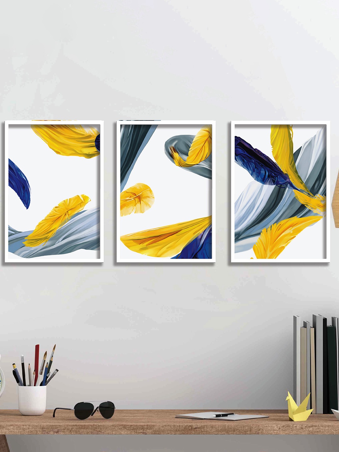 

SAF White & Yellow 3 Pieces Abstract Painting Framed Wall Arts