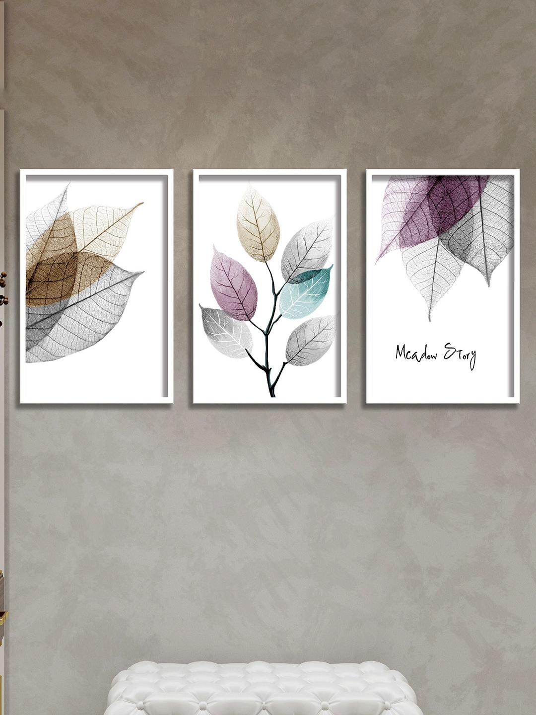 

SAF White & Grey 3 Pieces Leaves Painting Framed Wall Arts