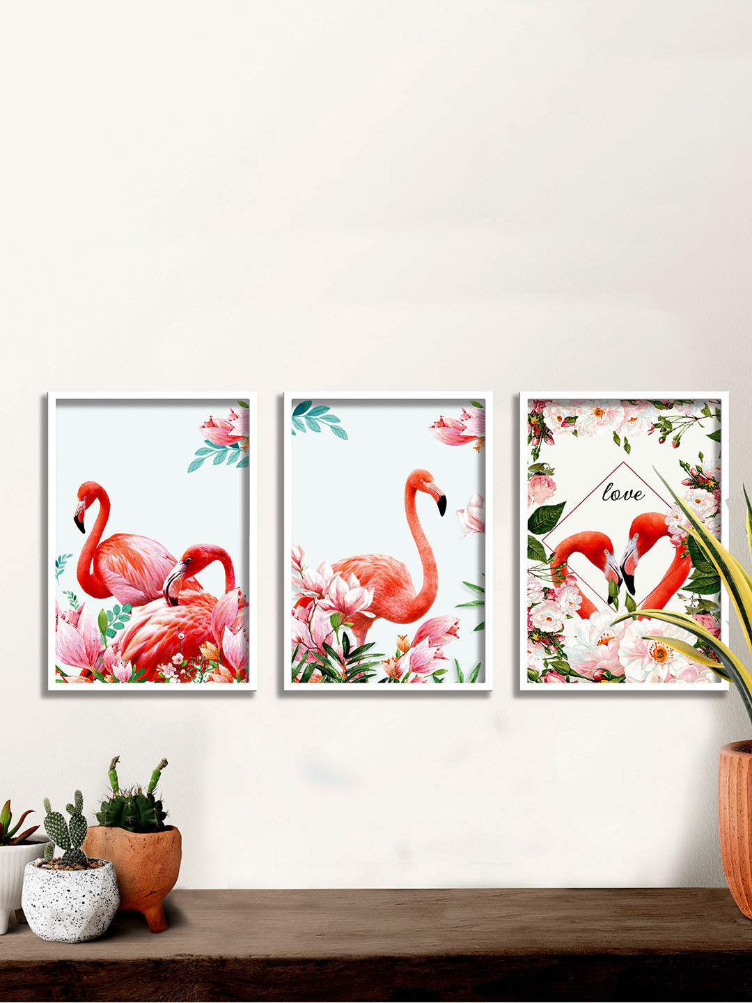 

SAF Green & Pink 3 Pieces Flamingo Painting Framed Wall Arts, White