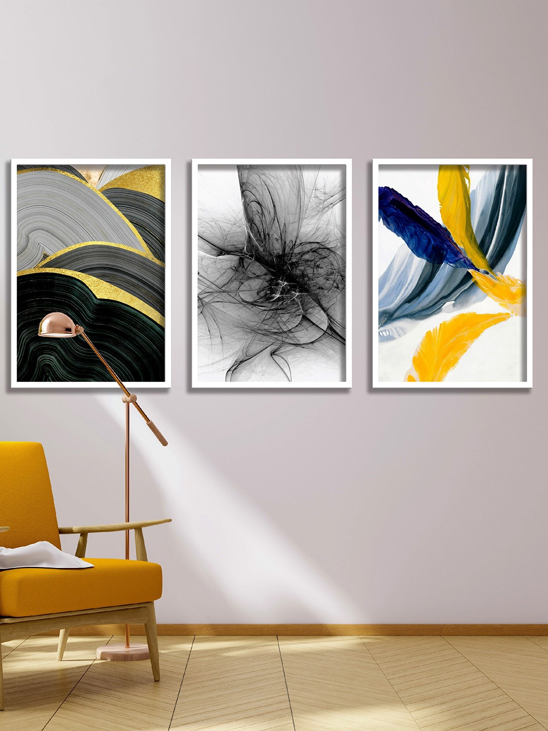 

SAF White & Black 3 Pieces Abstract Painting Framed Wall Arts