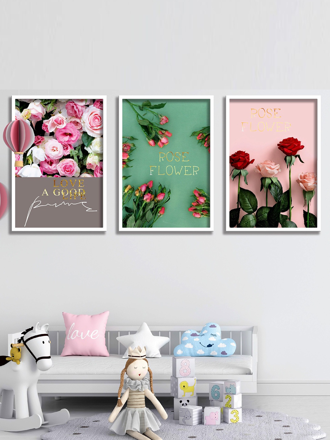 

SAF White & Green 3 Pieces Rose Painting Framed Wall Arts, Pink