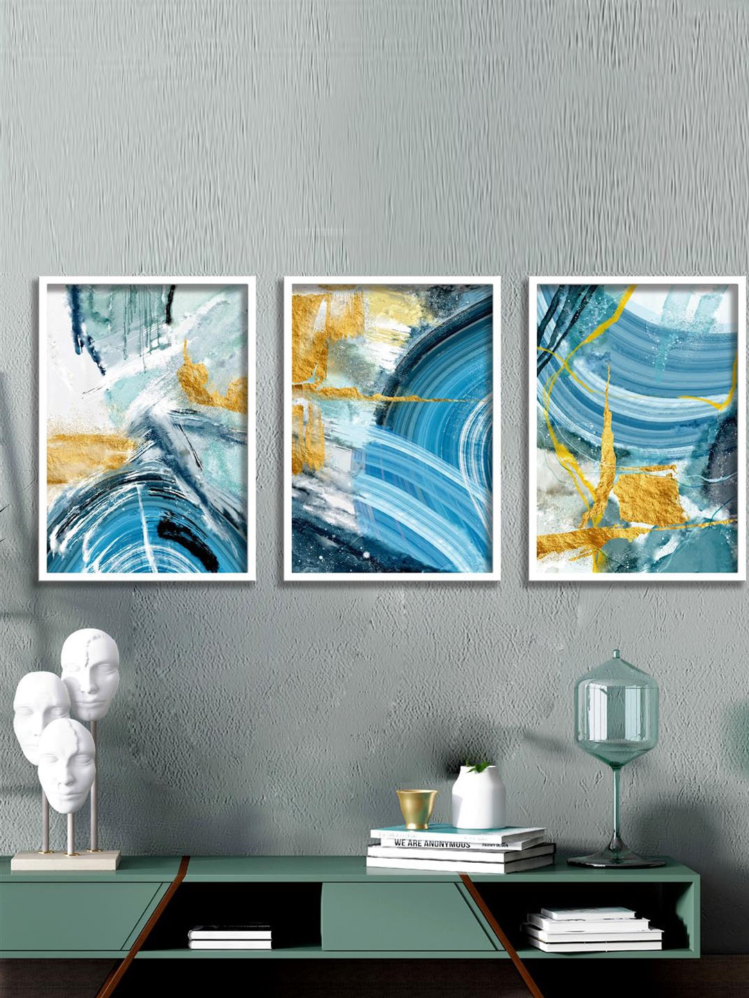 

SAF White & Blue 3 Pieces Abstract Painting Framed Wall Arts