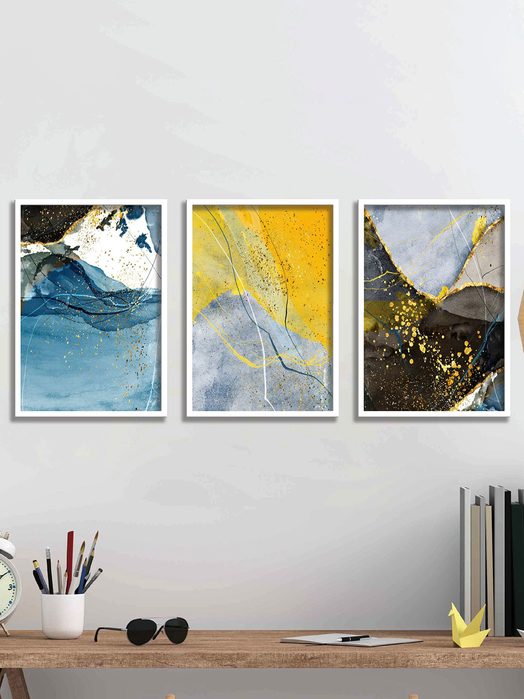 

SAF White & Blue 3 Pieces Abstract Painting Framed Wall Arts